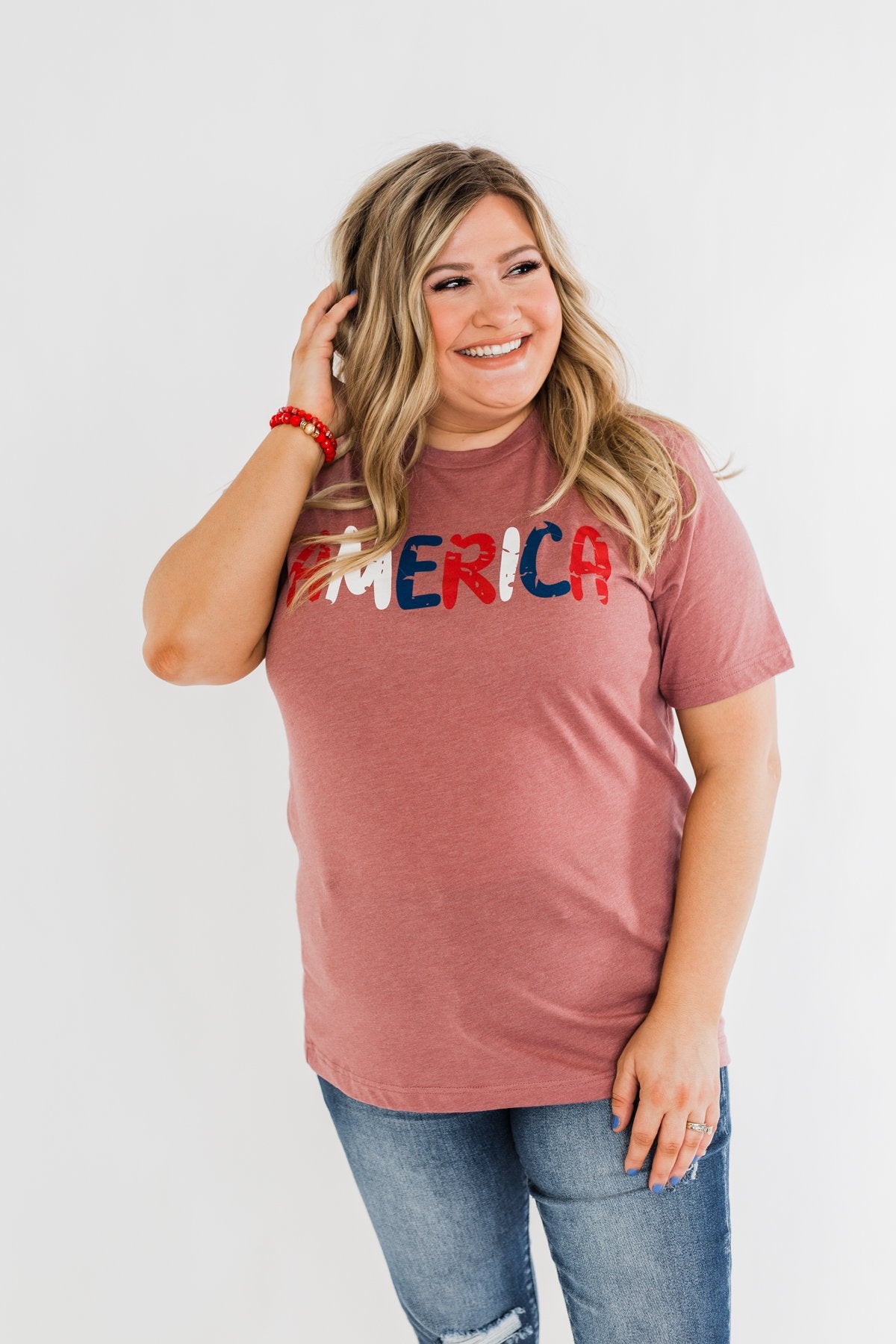 "America" Colorful Graphic Tee- Light Maroon