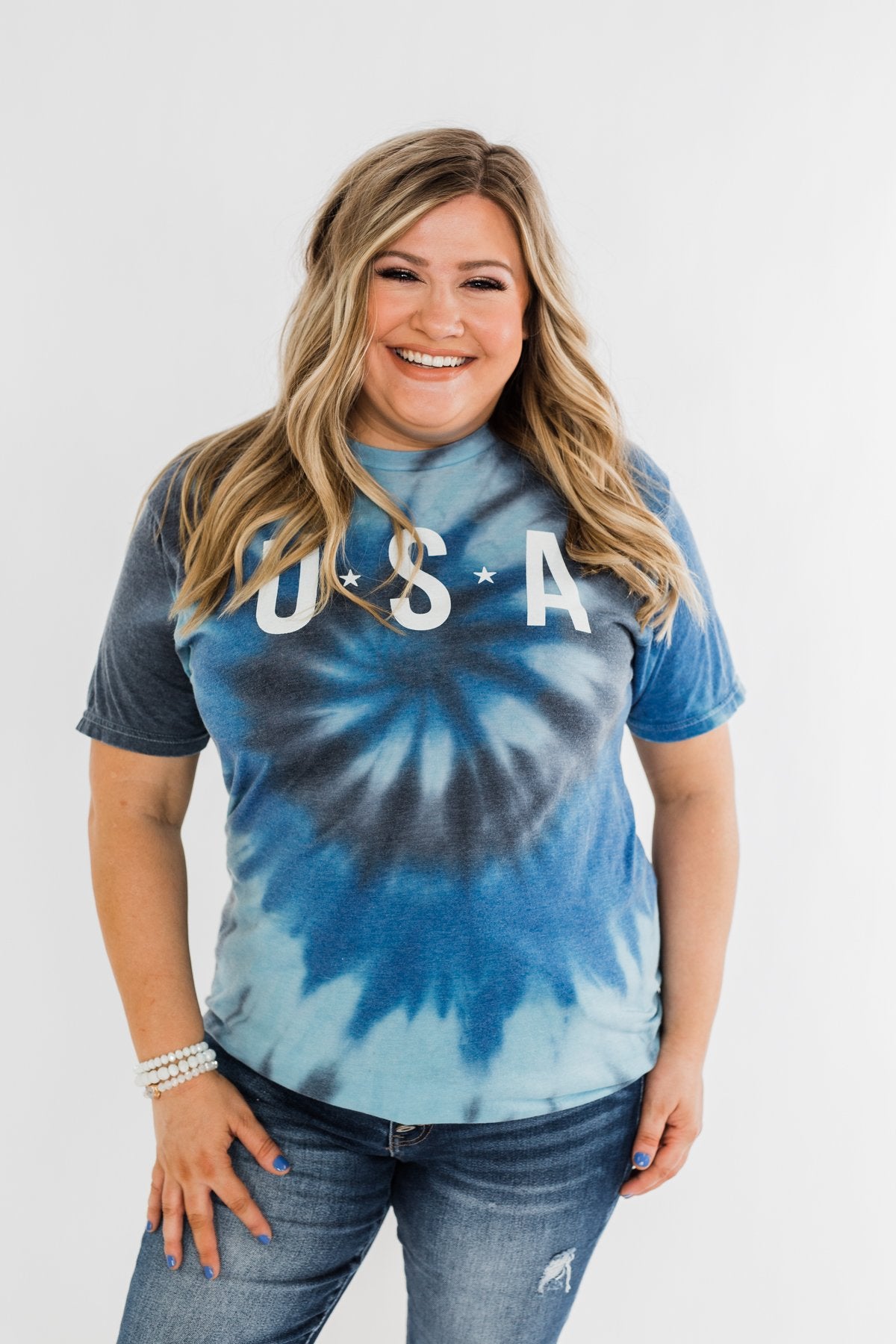 "USA" Tie Dye Burnout Graphic Tee- Shades of Blue