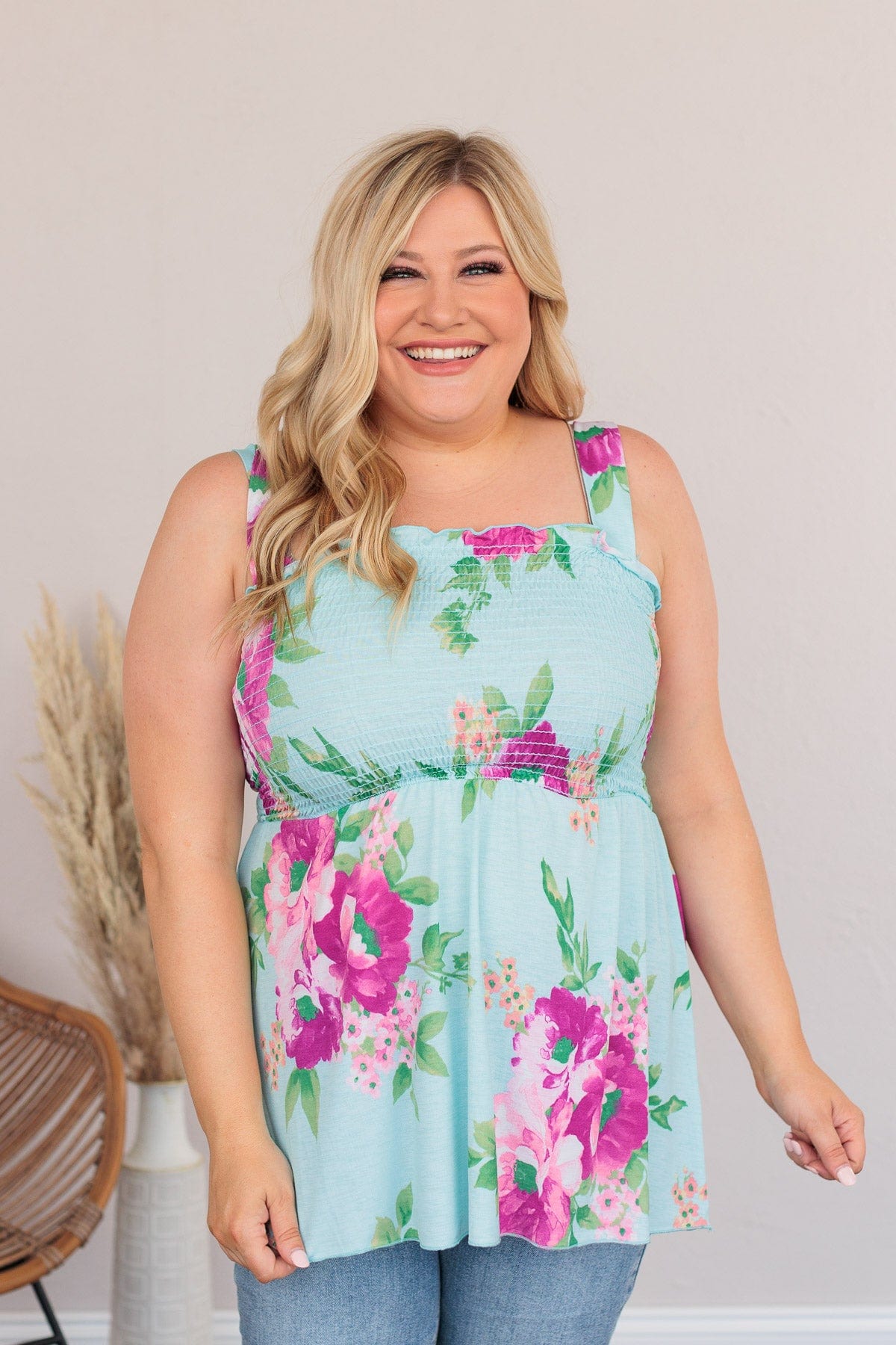 Want Your Attention Floral Tank- Light Blue