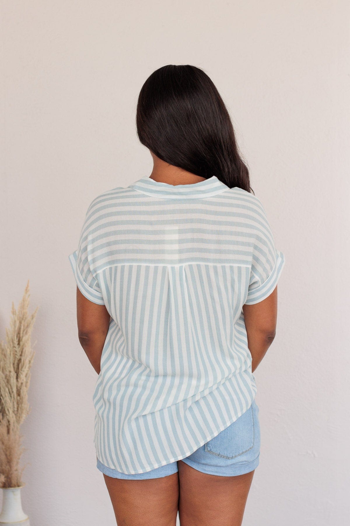 Reach For More Striped Button Top- Blue & Ivory