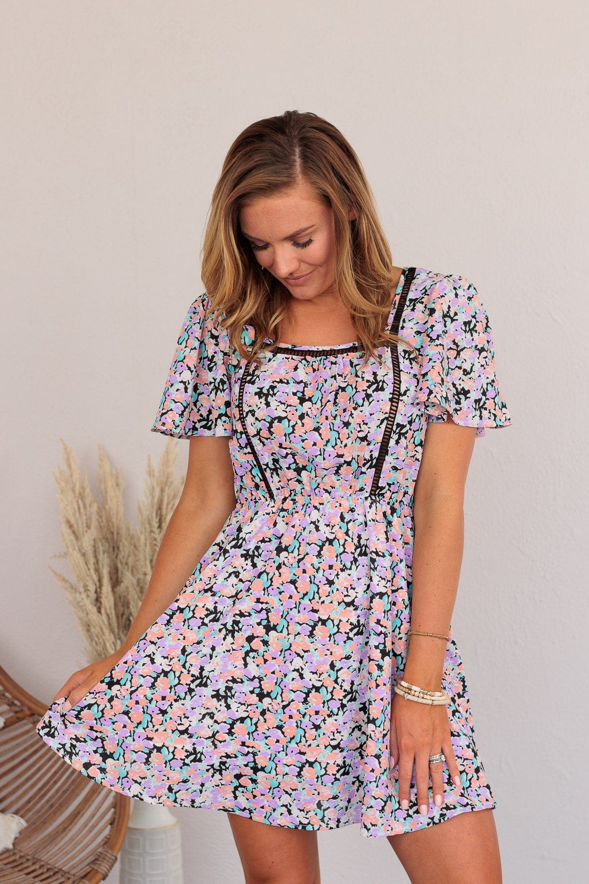 Gentle Morning Breeze Mini Dress- Black & Peach