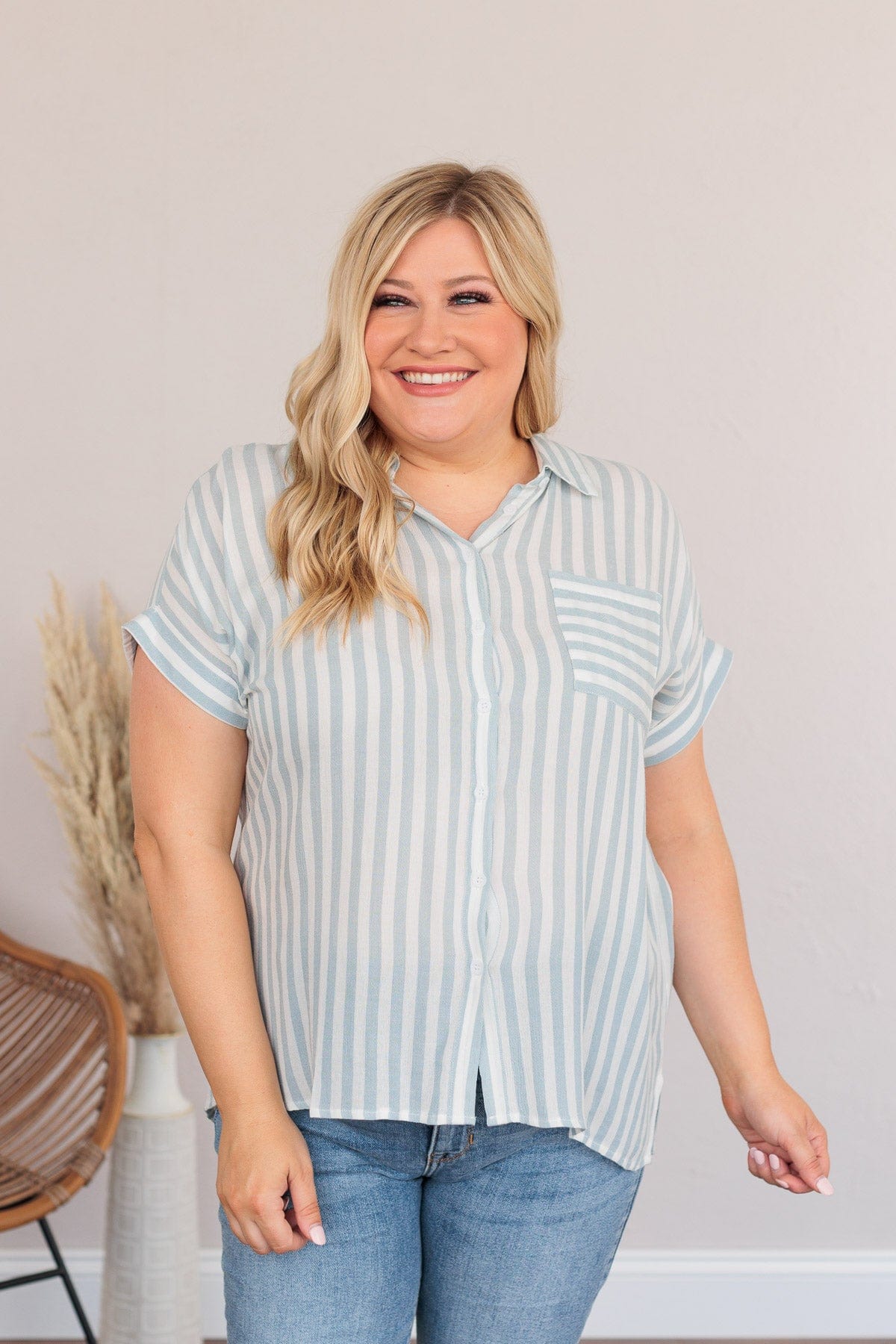 Reach For More Striped Button Top- Blue & Ivory