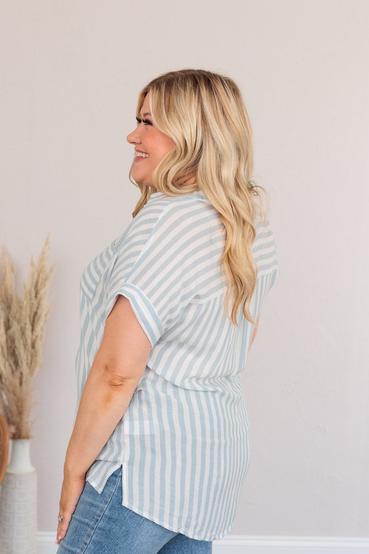 Reach For More Striped Button Top- Blue & Ivory