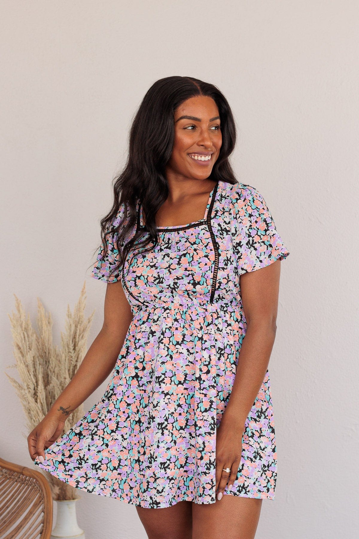 Gentle Morning Breeze Mini Dress- Black & Peach