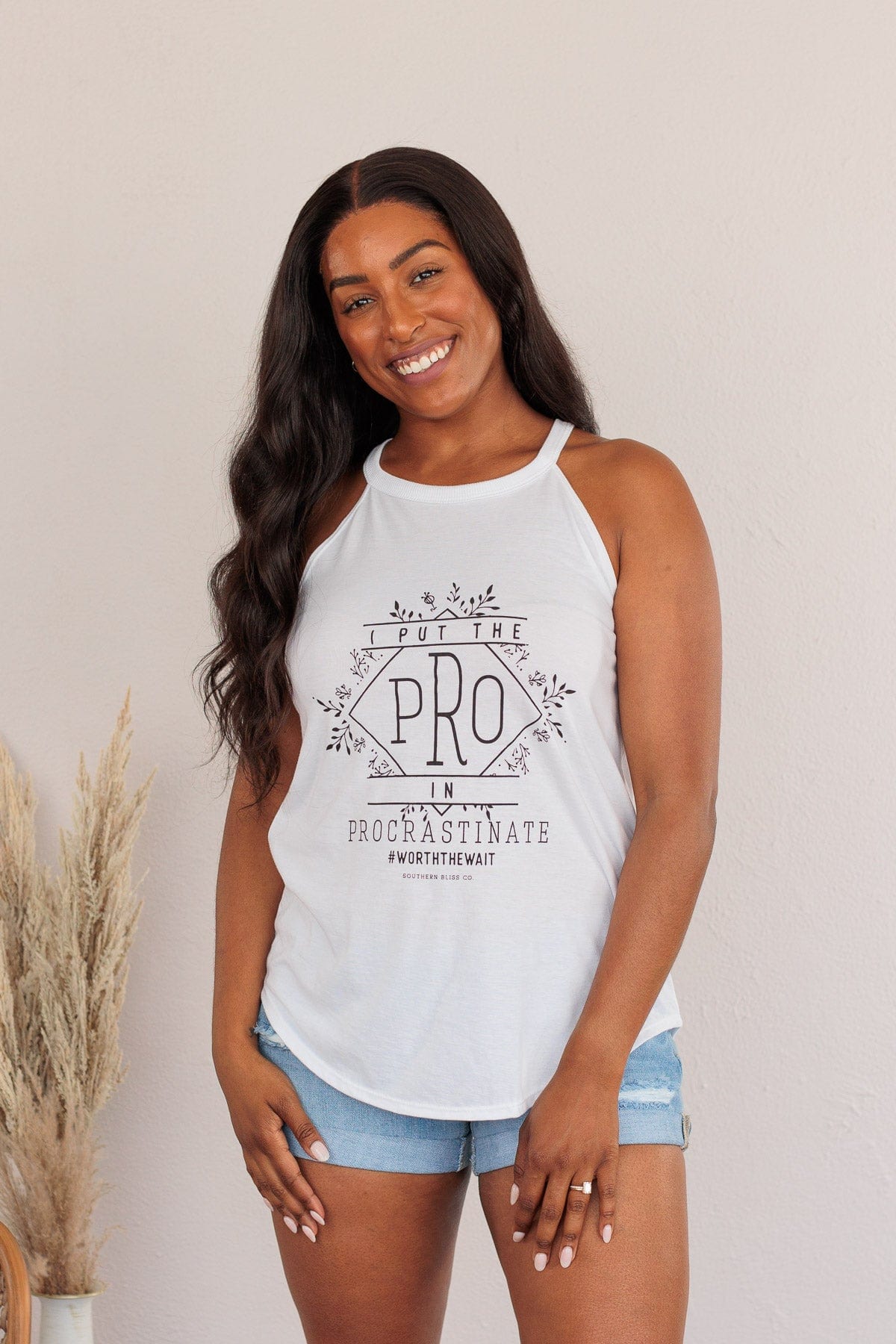 "I Put The Pro In Procrastinate" Graphic Tank Top- White