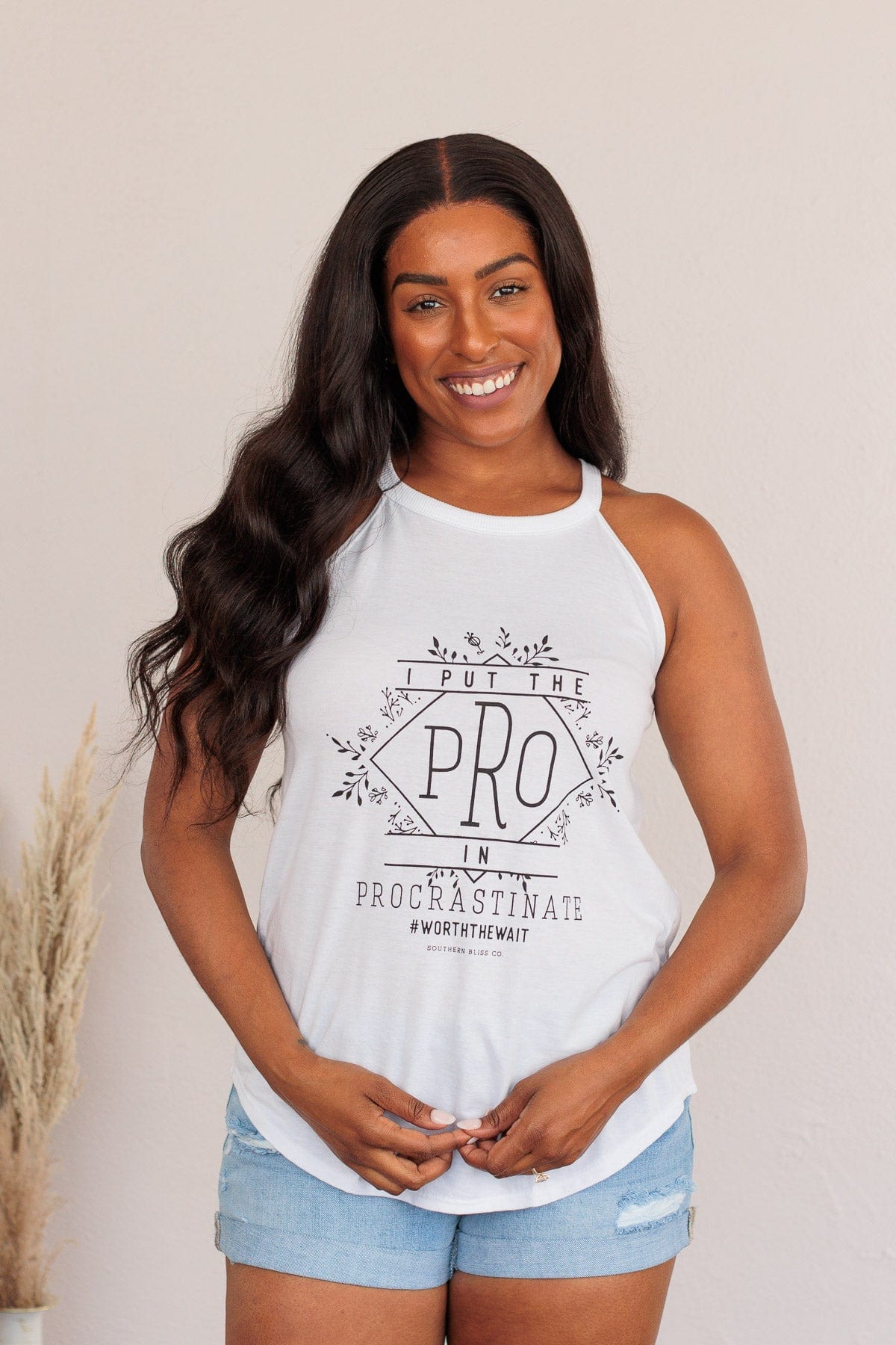 "I Put The Pro In Procrastinate" Graphic Tank Top- White