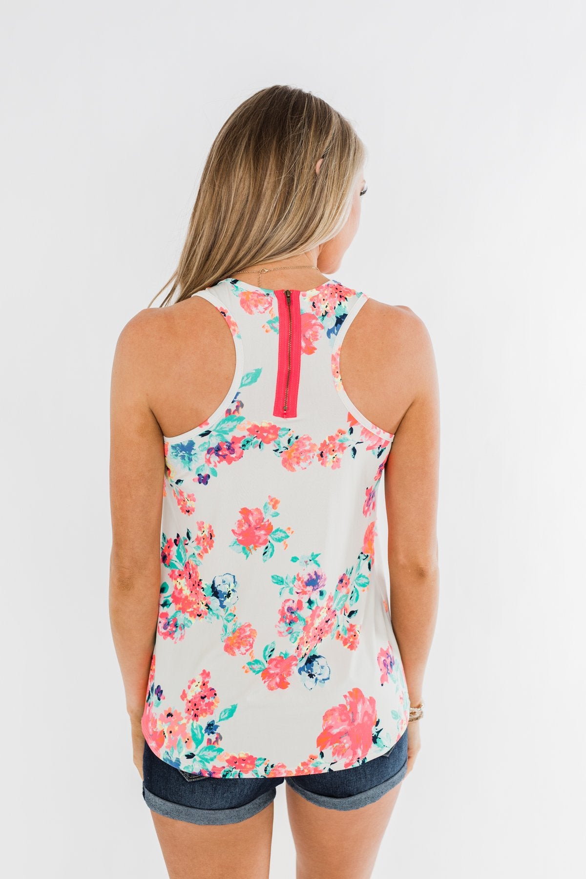 A Bright Floral Summer Tank- Ivory