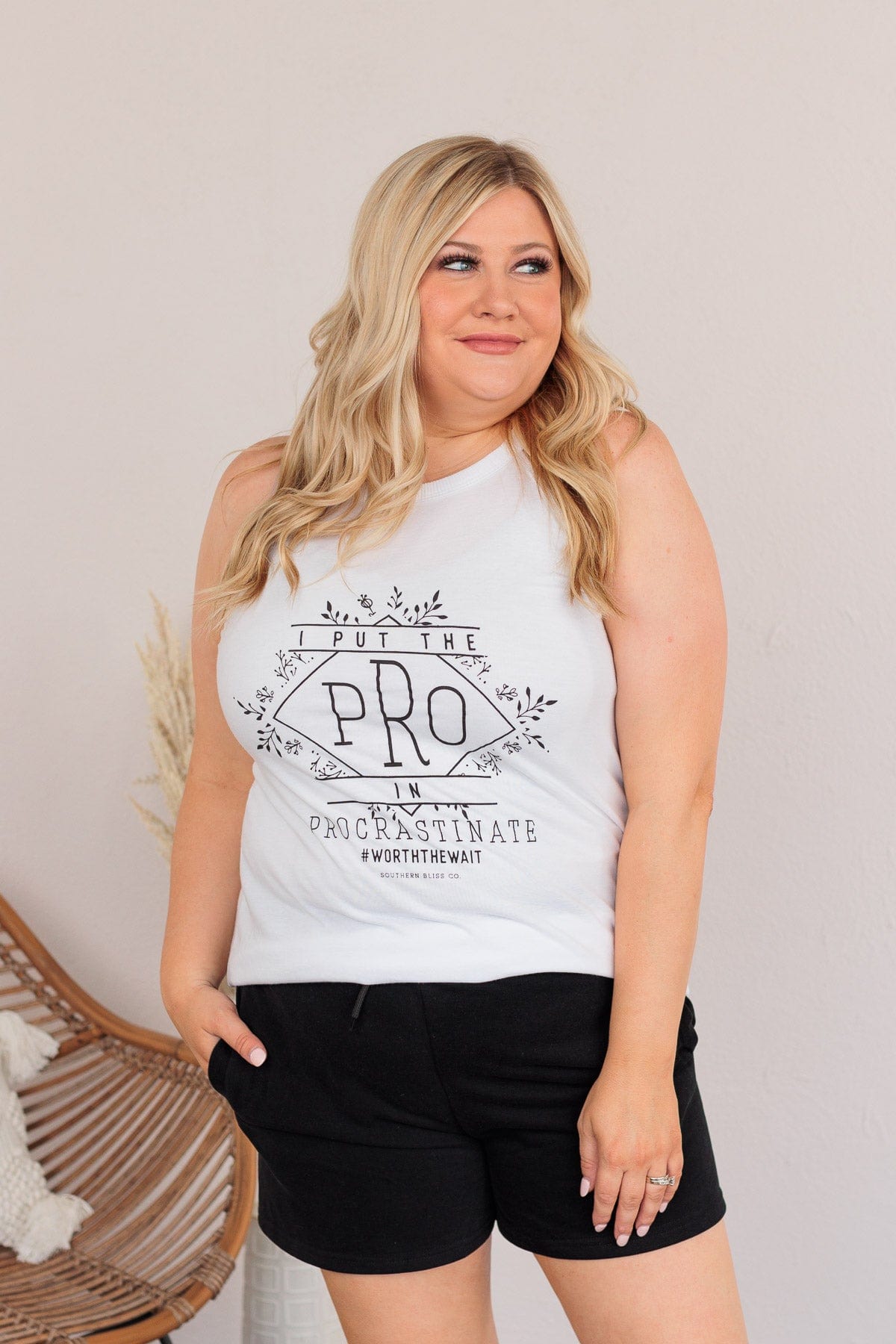 "I Put The Pro In Procrastinate" Graphic Tank Top- White