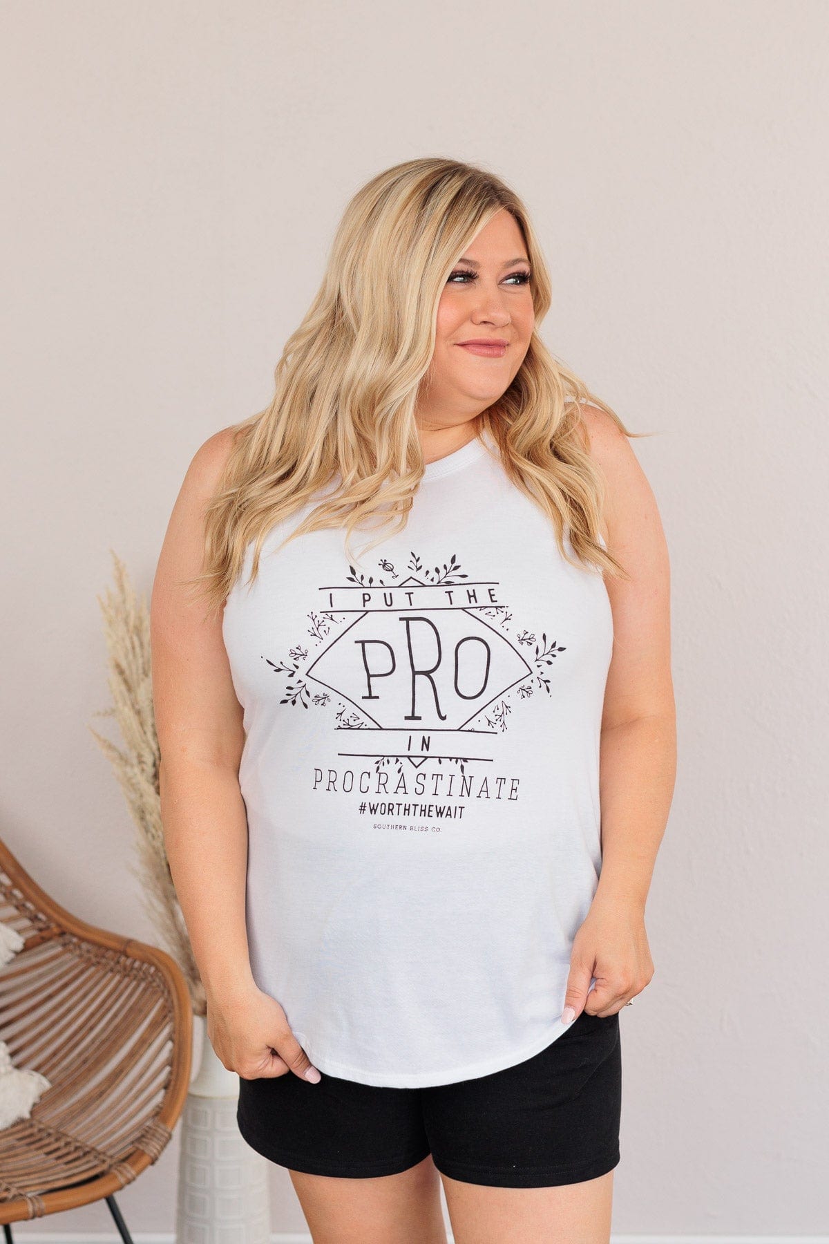 "I Put The Pro In Procrastinate" Graphic Tank Top- White