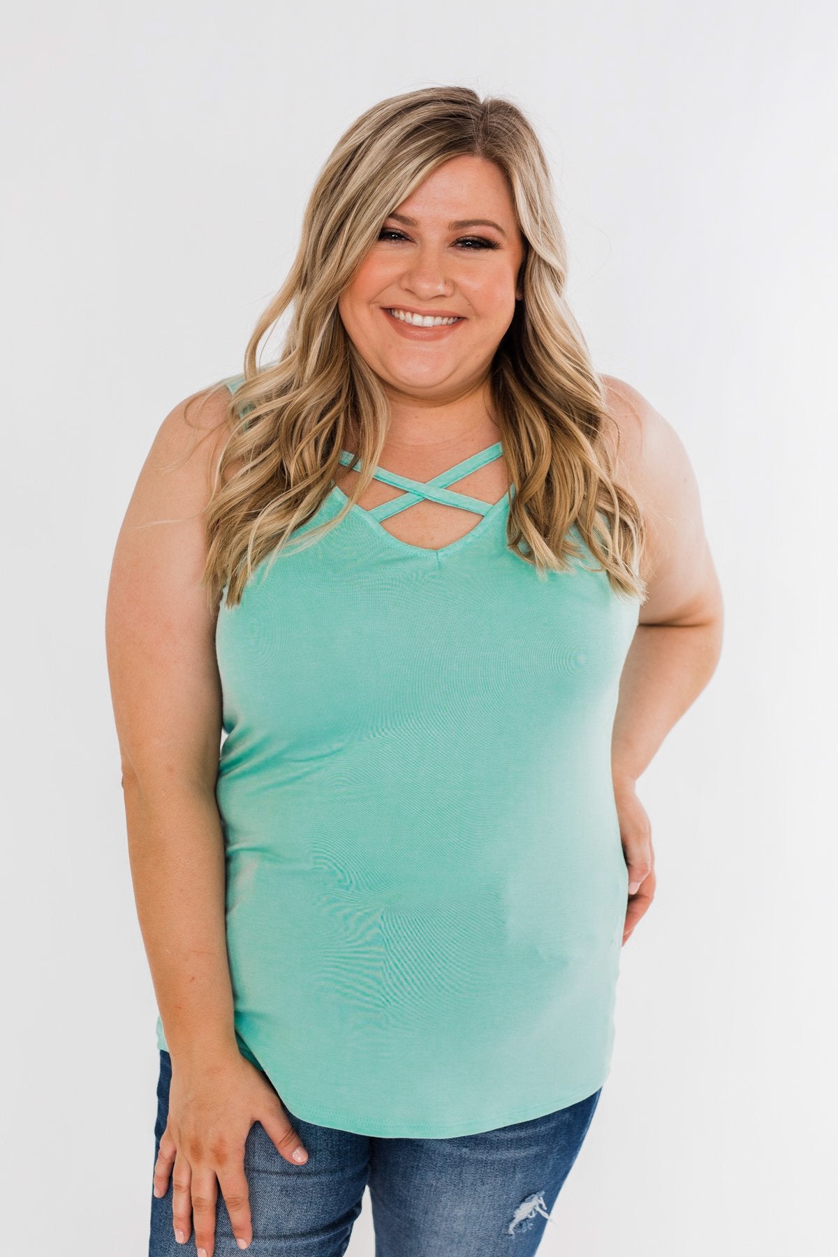 Places To Go Criss Cross Tank Top- Mint Blue