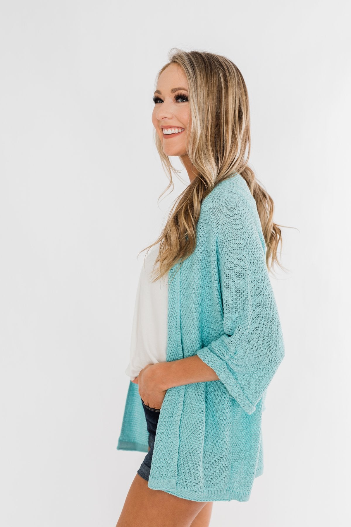 Aqua Drape Front Cardigan Sweater