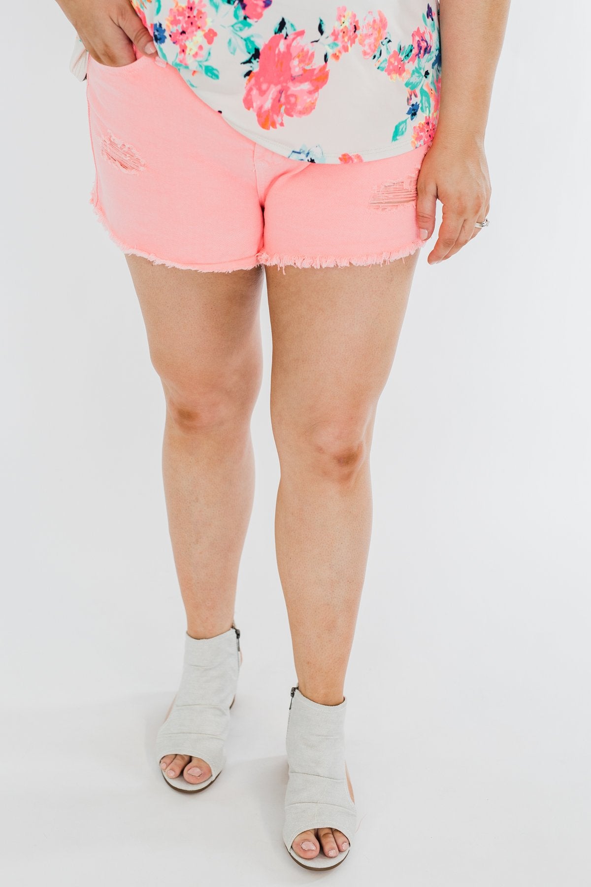 YMI Distressed Colored Shorts- Neon Pink