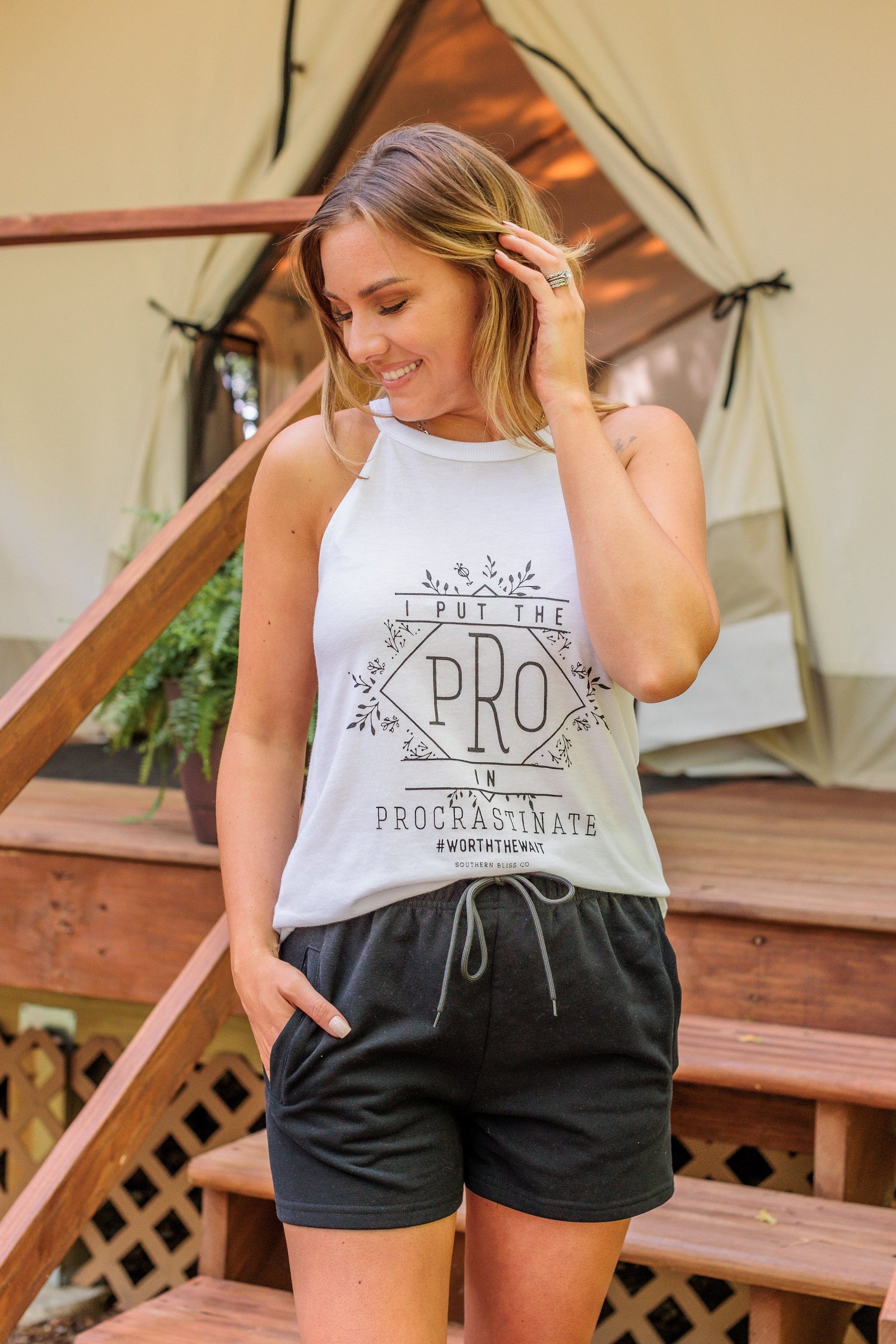 "I Put The Pro In Procrastinate" Graphic Tank Top- White