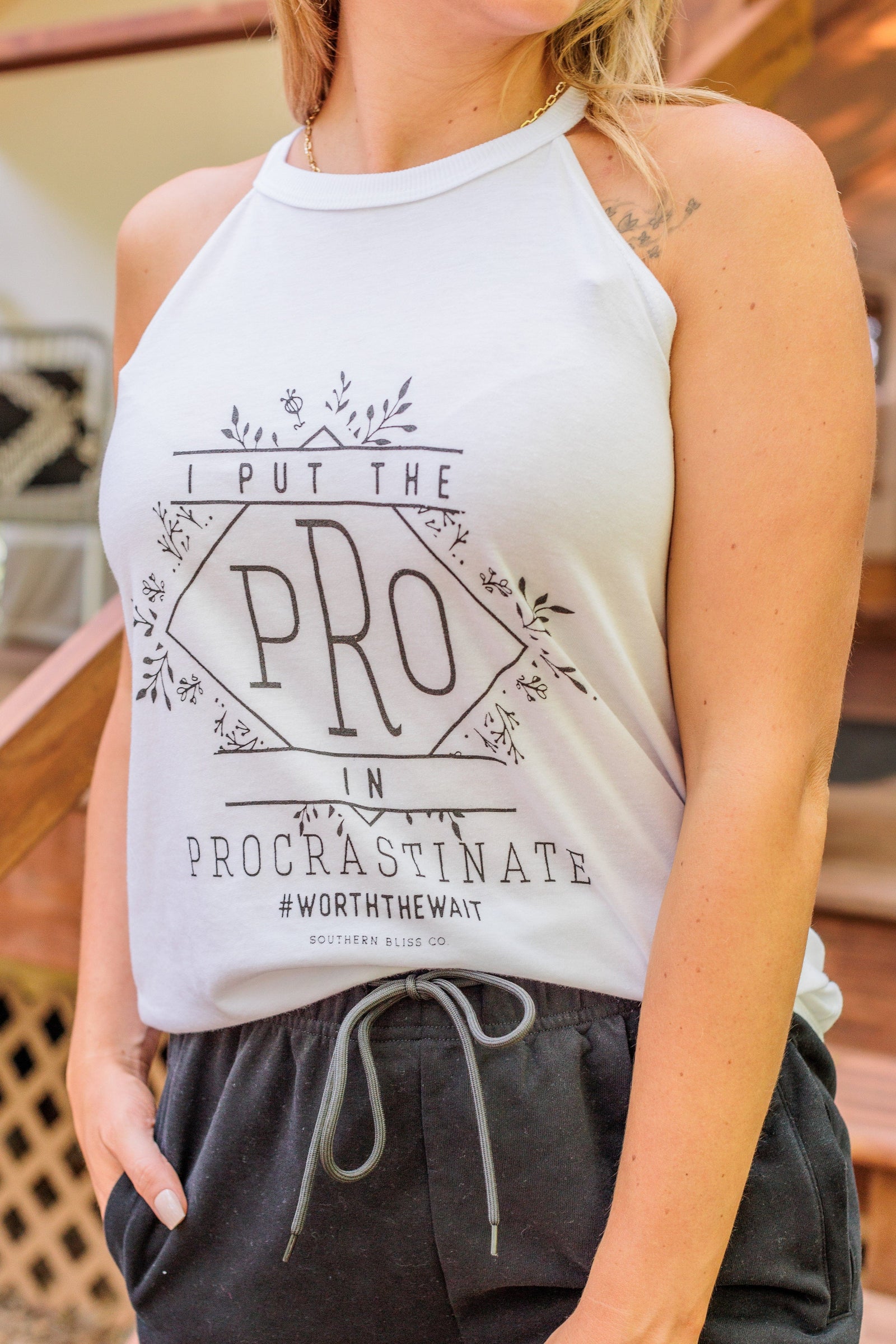 "I Put The Pro In Procrastinate" Graphic Tank Top- White