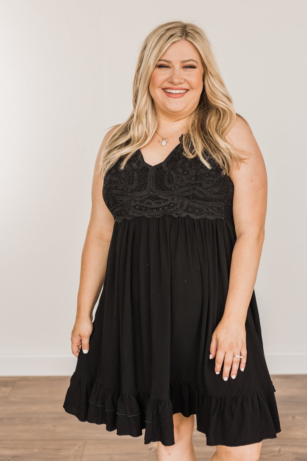 Catching Feelings Ruffle Lace Dress- Black Catching Feelings Ruffle Lace Dress- Black