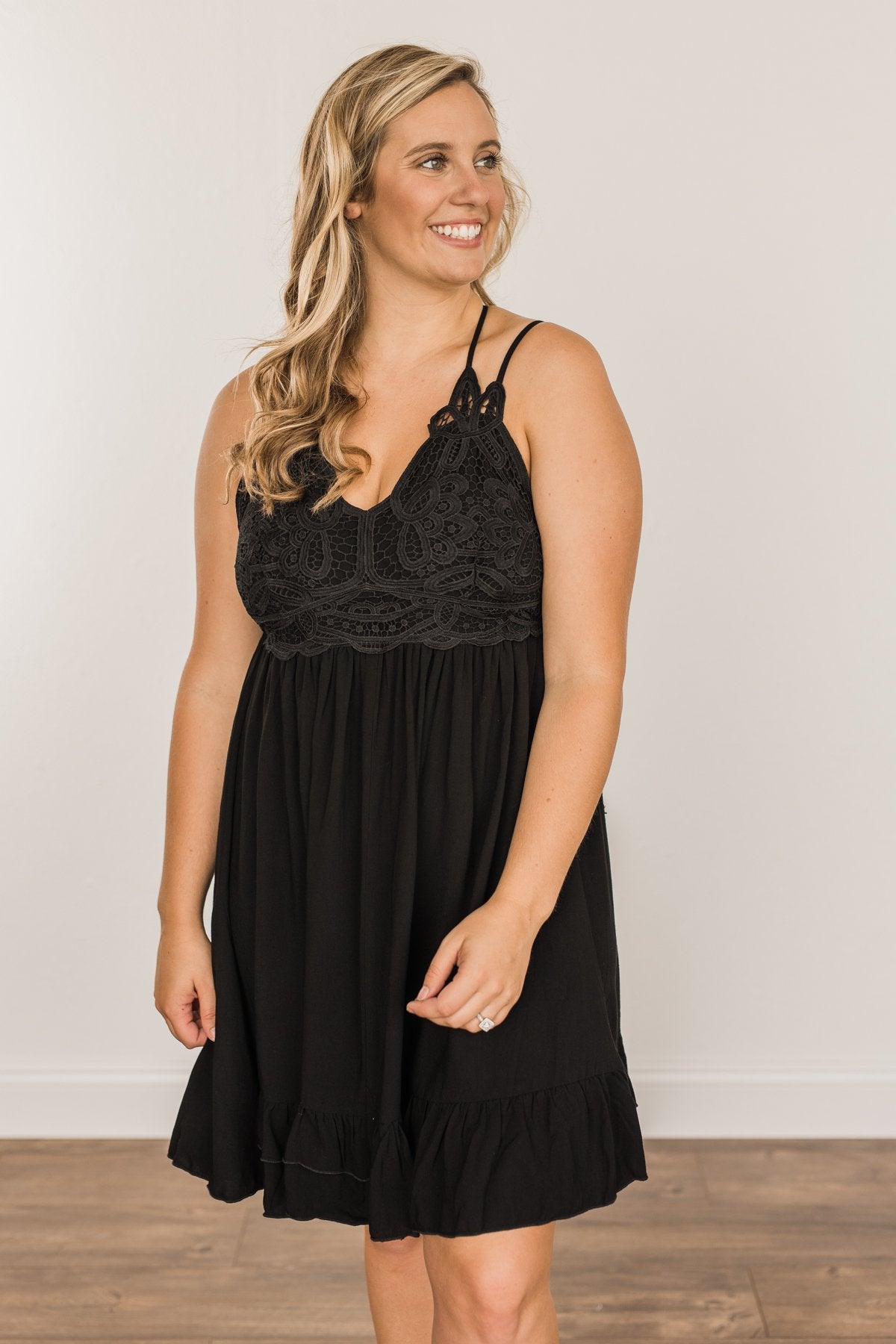 Catching Feelings Ruffle Lace Dress- Black