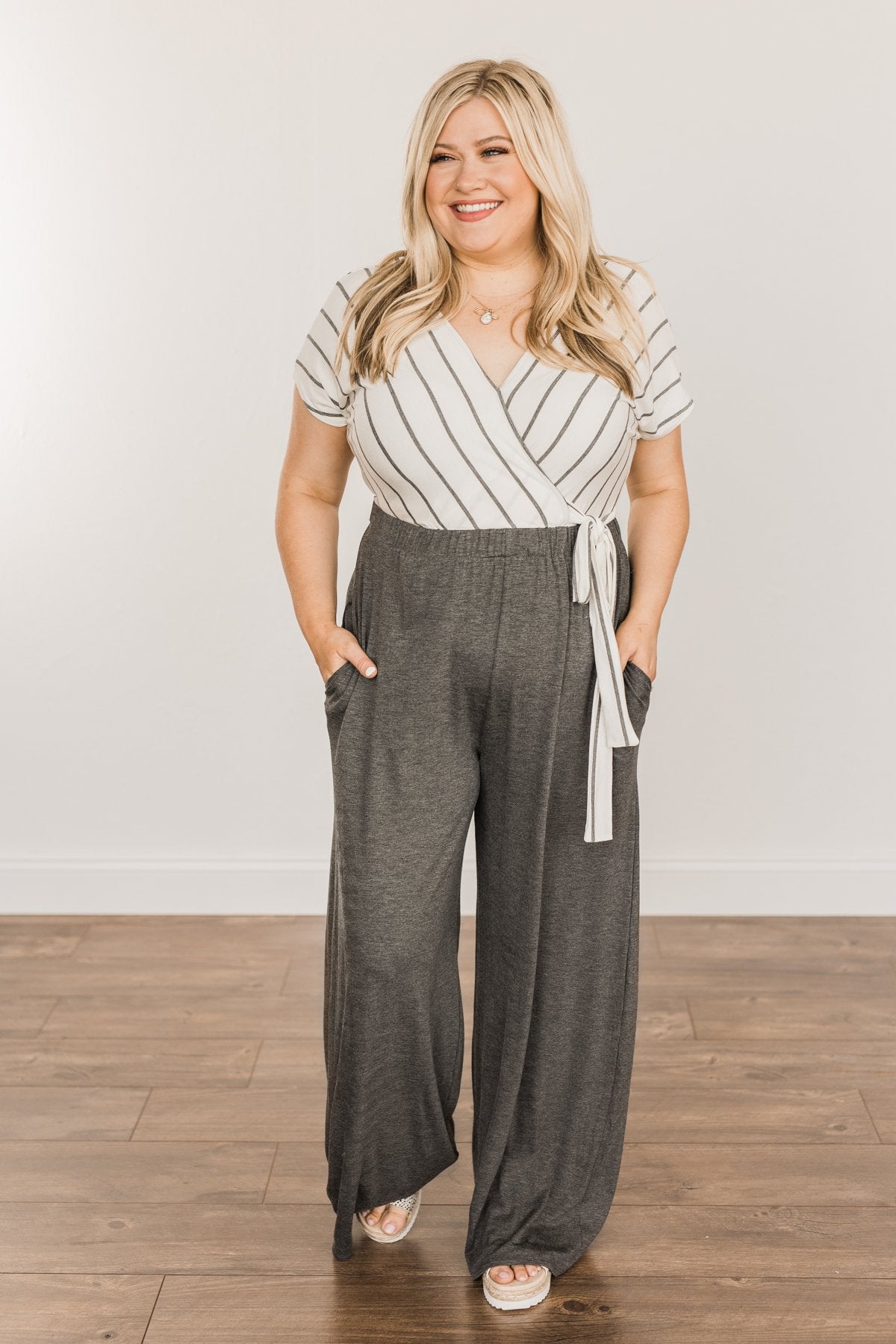 Thinking Of Us Striped Jumpsuit- Ivory & Charcoal