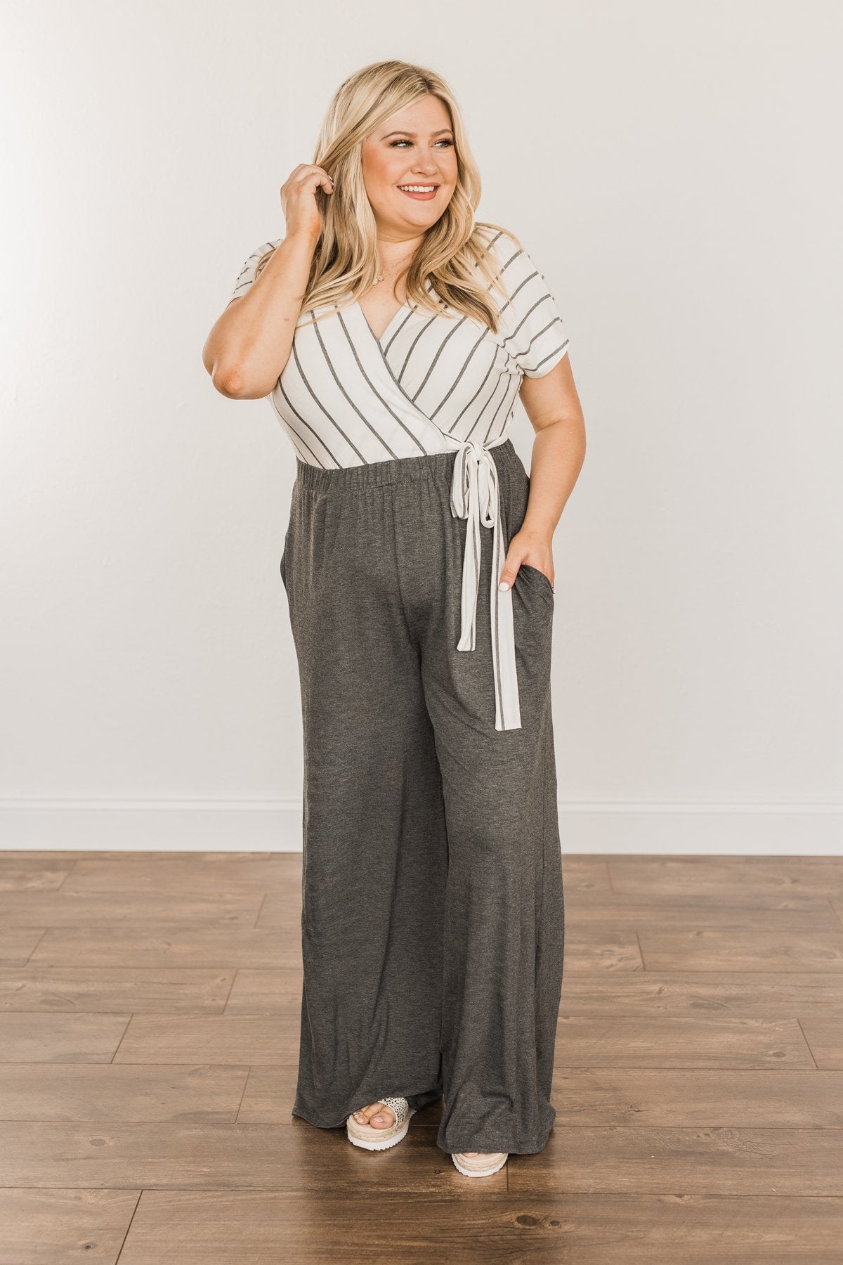 Thinking Of Us Striped Jumpsuit- Ivory & Charcoal