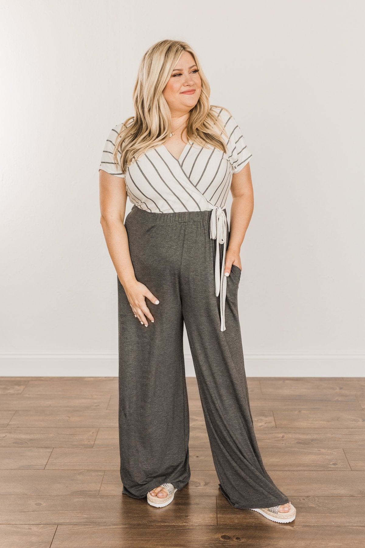 Thinking Of Us Striped Jumpsuit- Ivory & Charcoal