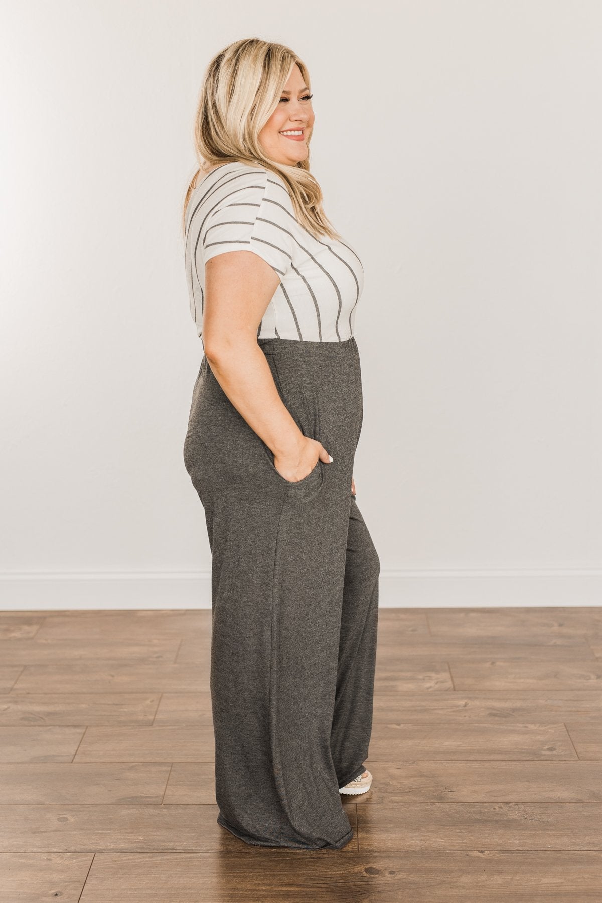 Thinking Of Us Striped Jumpsuit- Ivory & Charcoal
