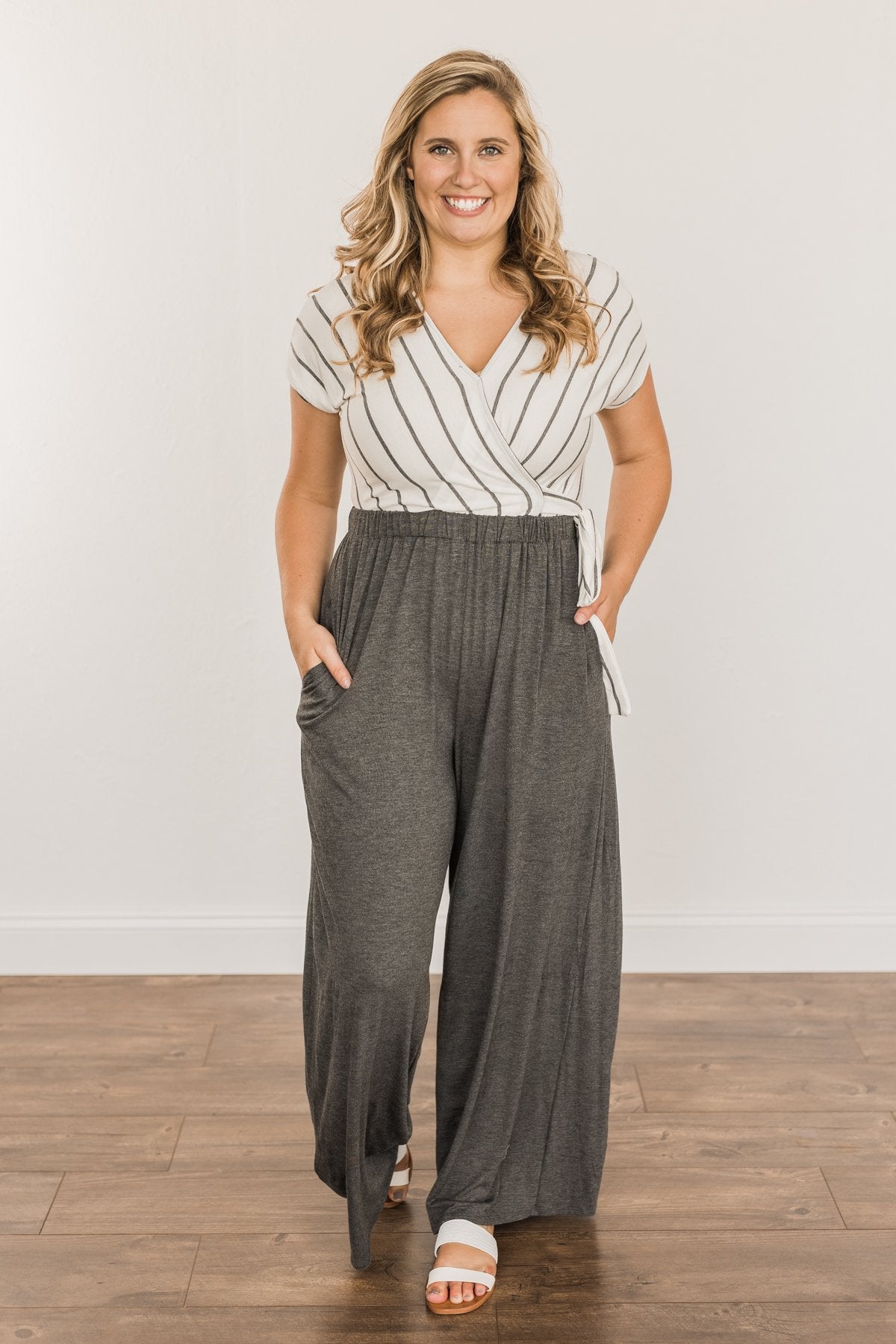 Thinking Of Us Striped Jumpsuit- Ivory & Charcoal