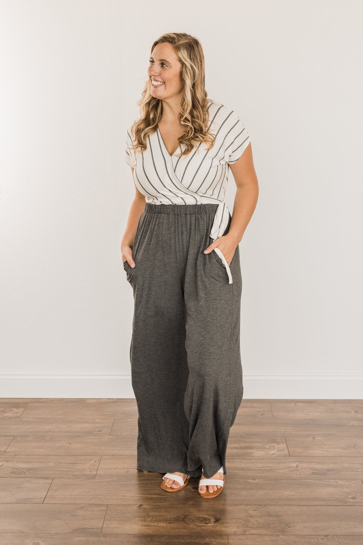 Thinking Of Us Striped Jumpsuit- Ivory & Charcoal