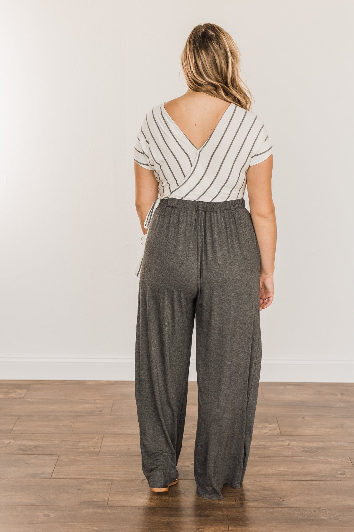 Thinking Of Us Striped Jumpsuit- Ivory & Charcoal