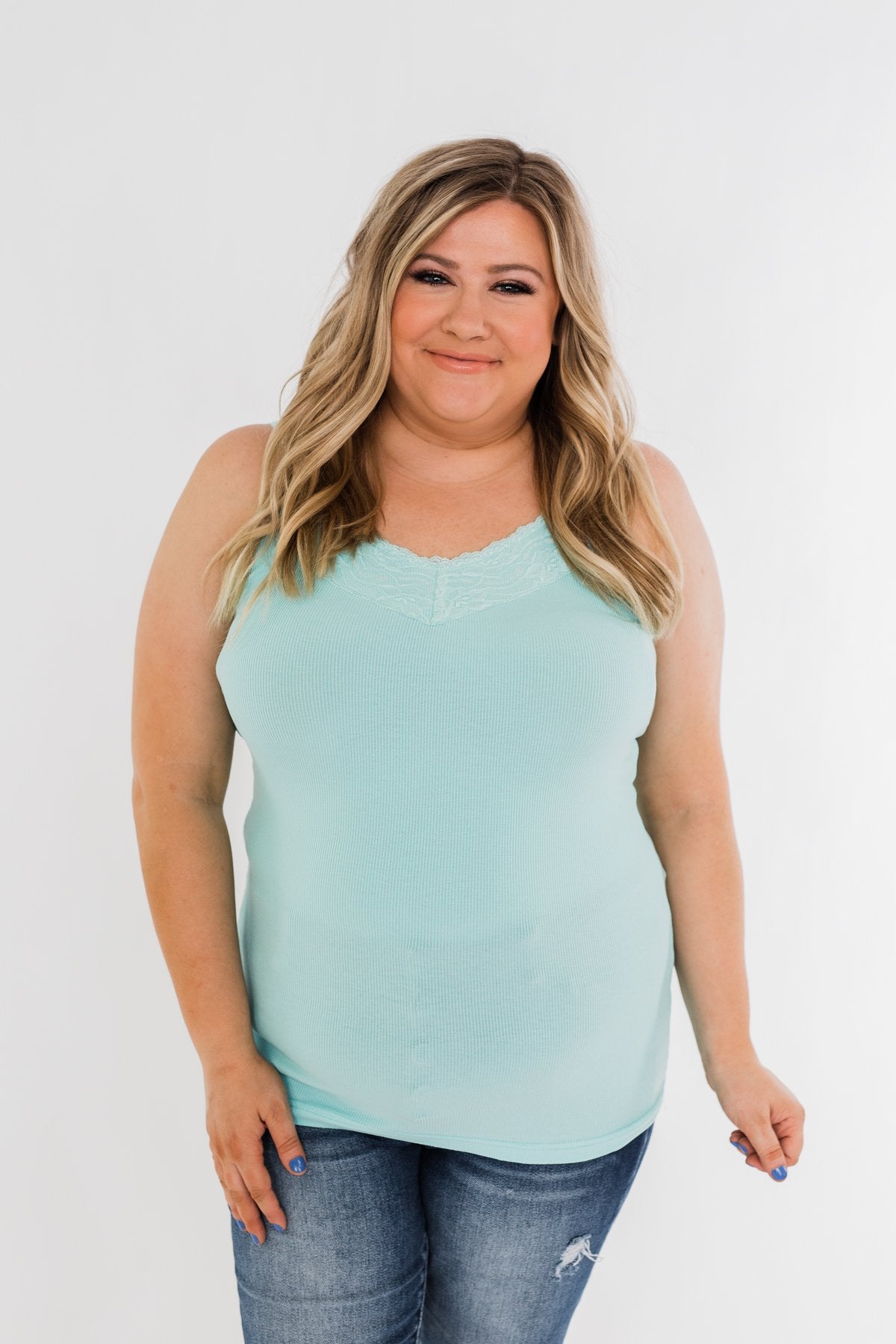 Pulse Basics Lace Trim Tank- Aqua