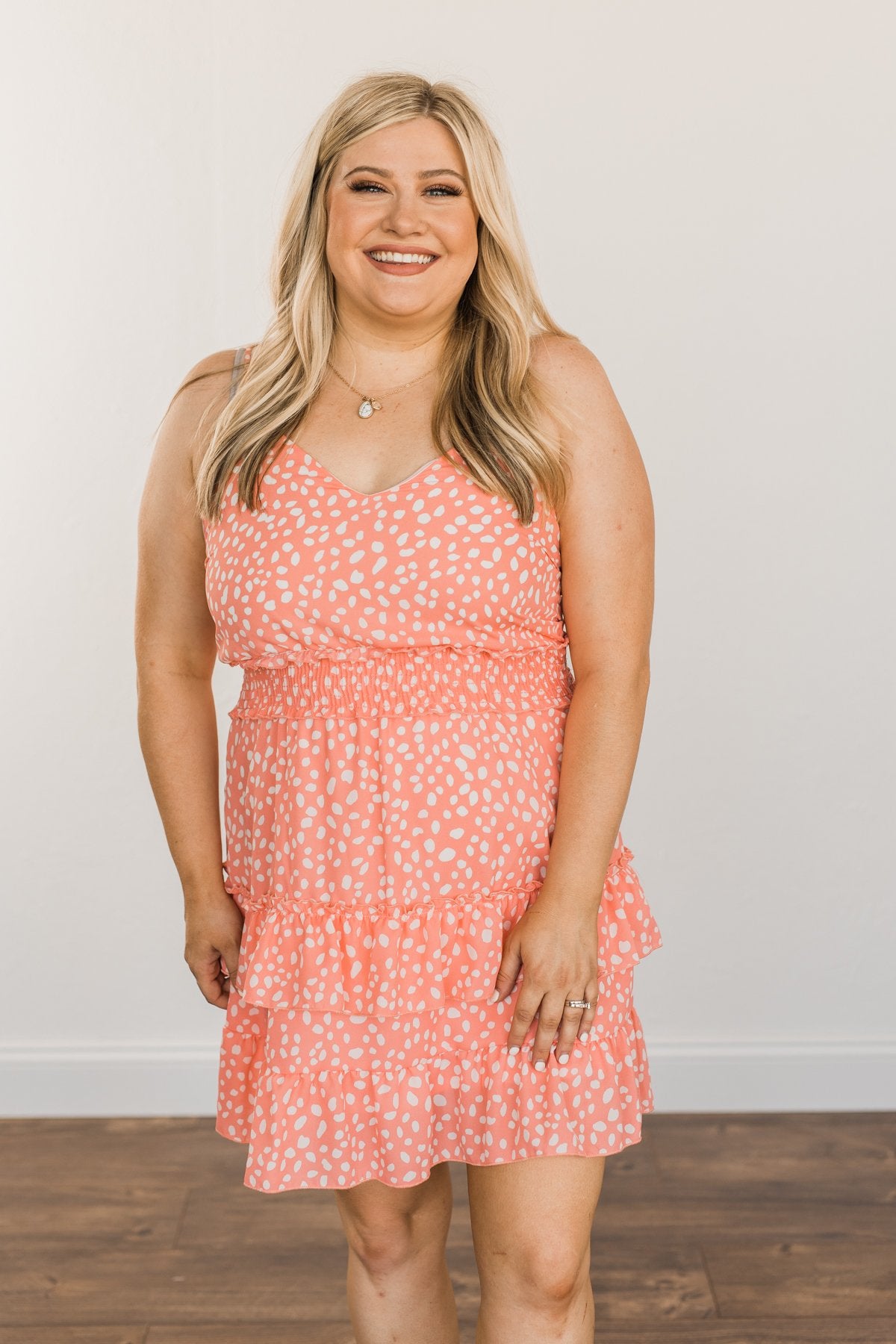 Sunkissed Skies Spotted Ruffle Dress- Vibrant Peach