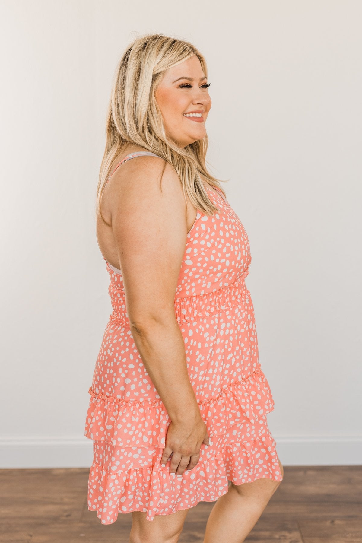 Sunkissed Skies Spotted Ruffle Dress- Vibrant Peach