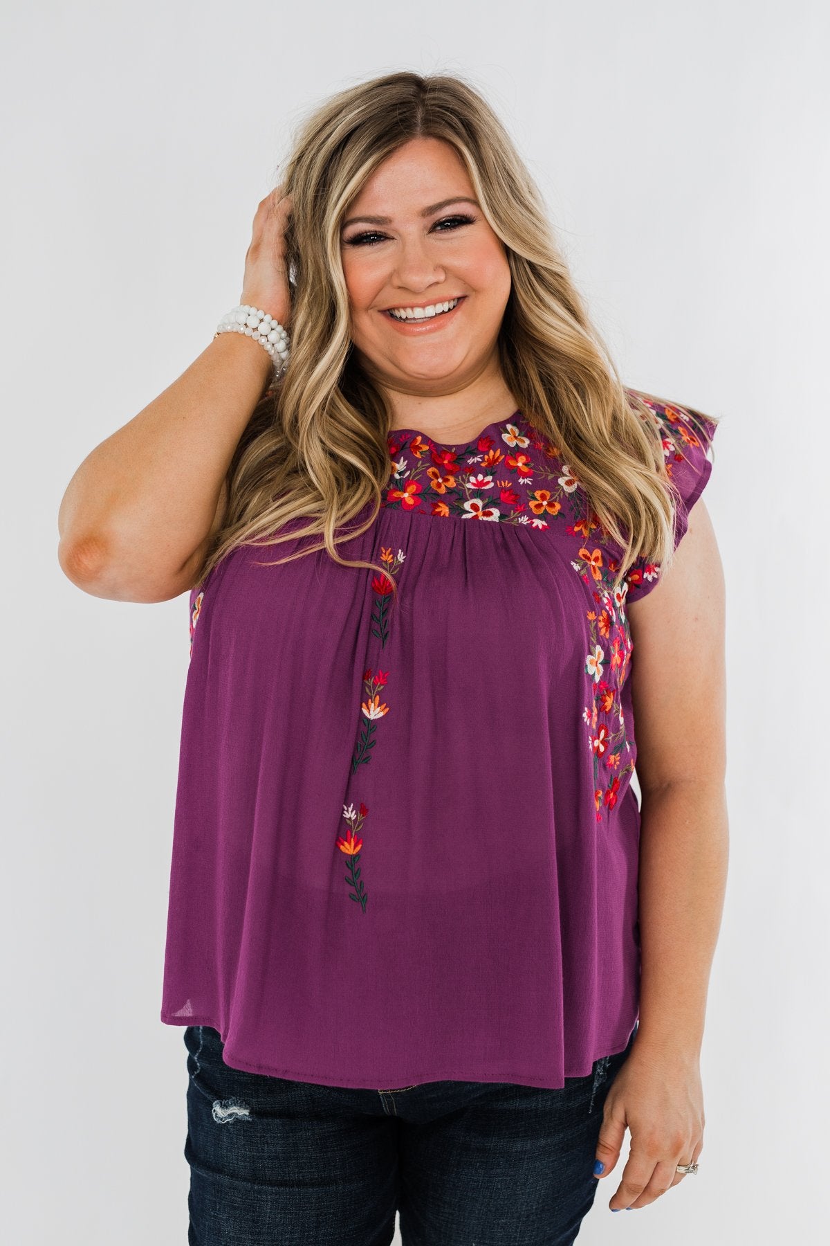 Tell Me You Love Me Embroidered Floral Top- Magenta