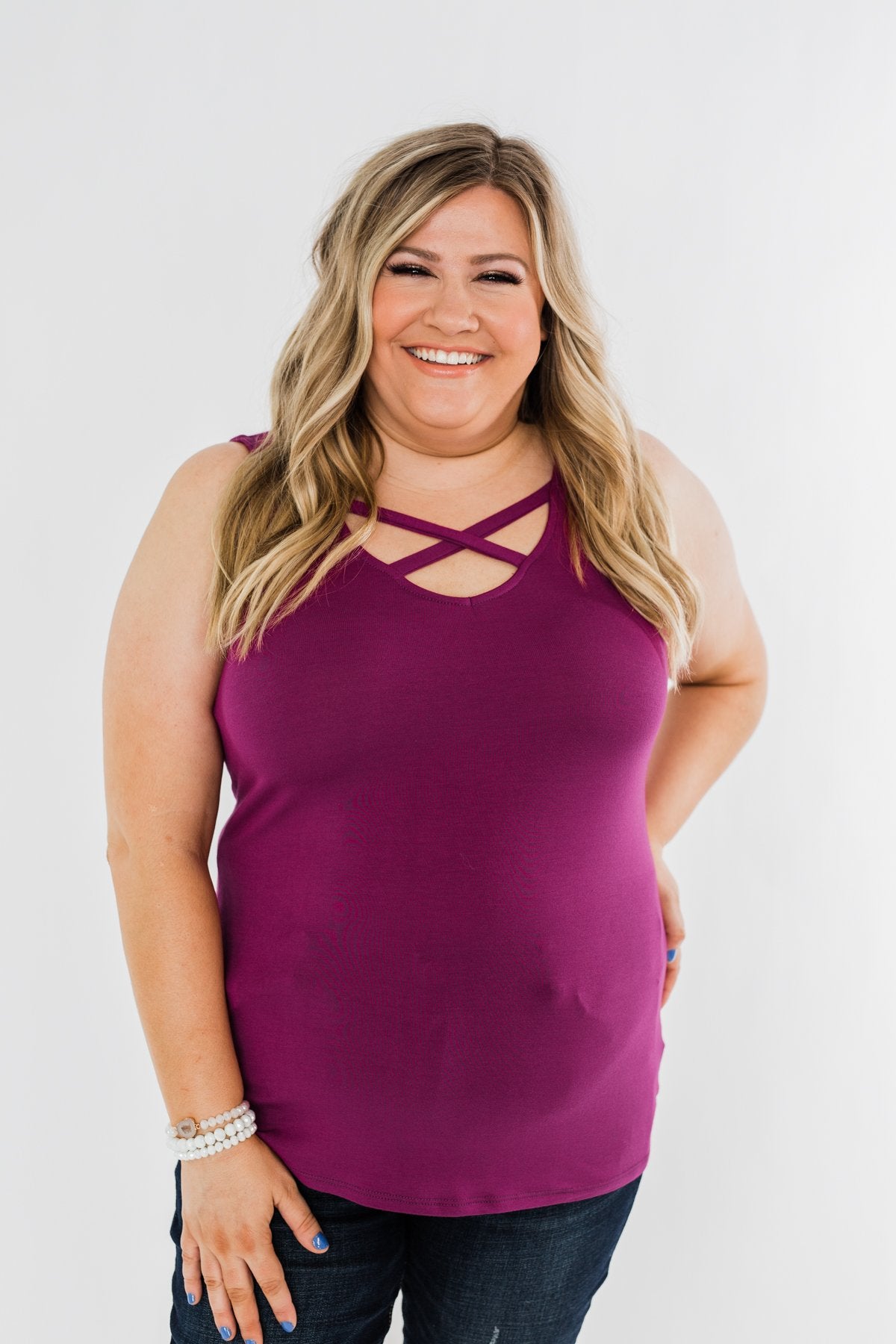 Places to Go Criss Cross Tank Top- Magenta
