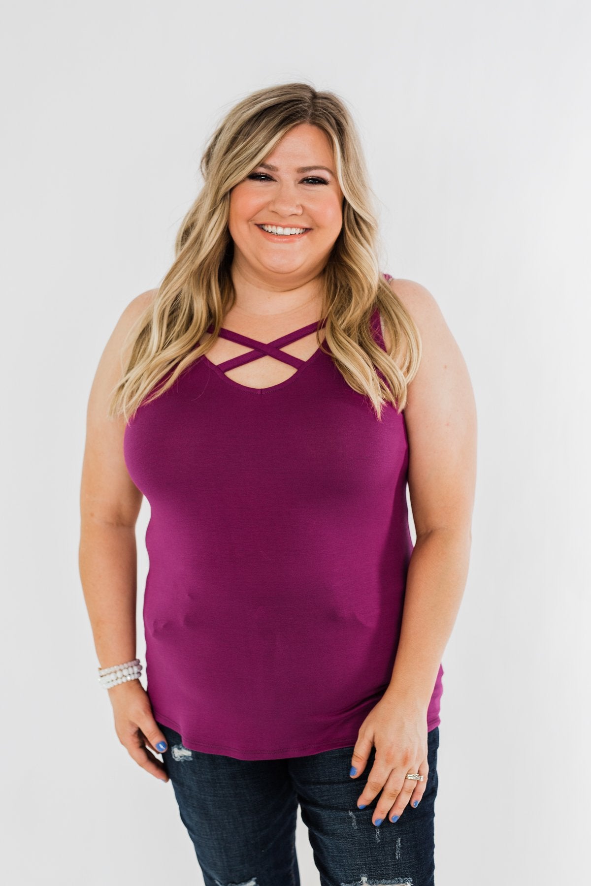 Places to Go Criss Cross Tank Top- Magenta