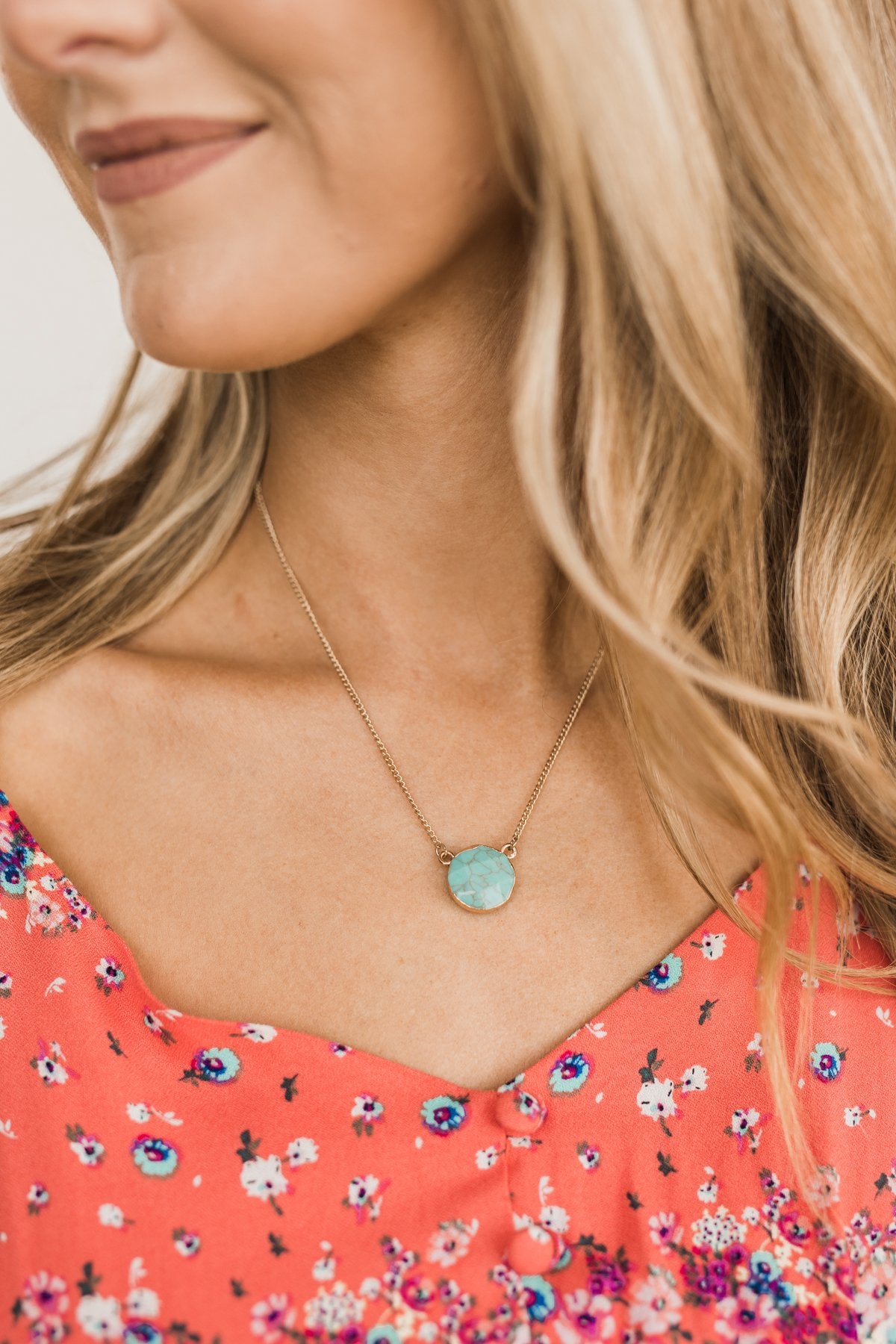Charming Marble Pendant Gold Necklace- Turquoise