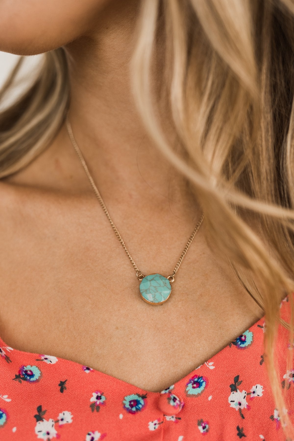 Charming Marble Pendant Gold Necklace- Turquoise