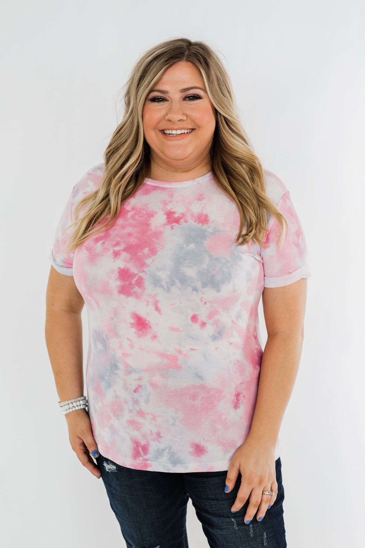 Cuffed Sleeve Tie Dye Top- Pink, White, & Grey
