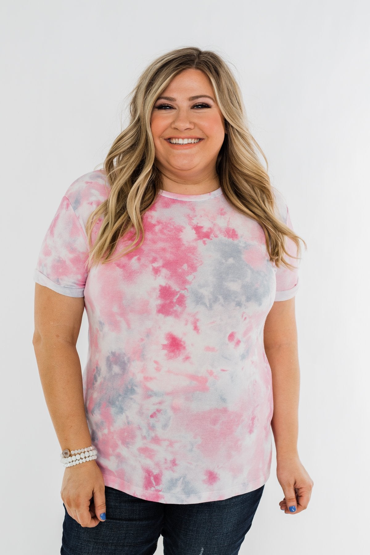 Cuffed Sleeve Tie Dye Top- Pink, White, & Grey