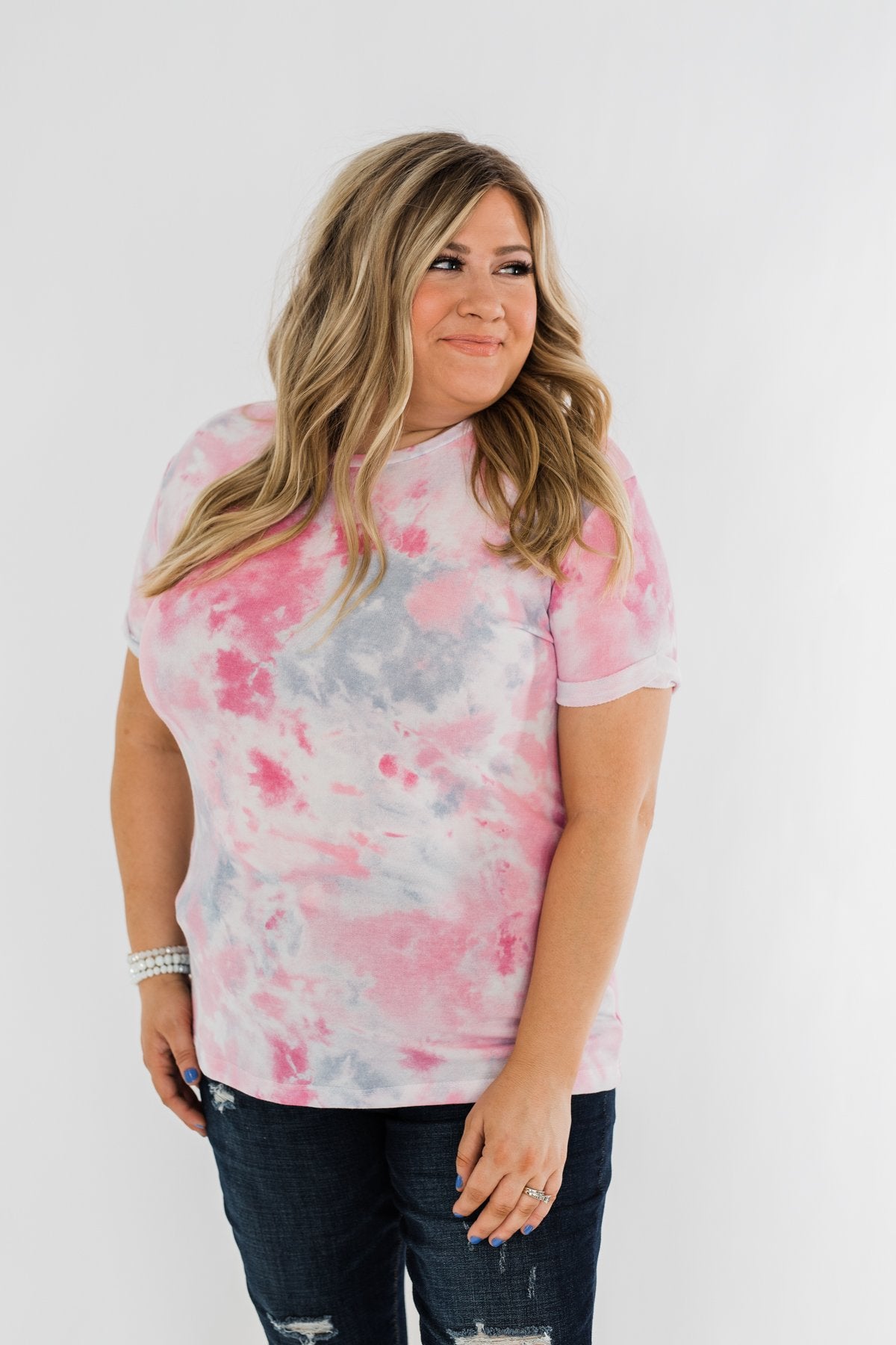 Cuffed Sleeve Tie Dye Top- Pink, White, & Grey