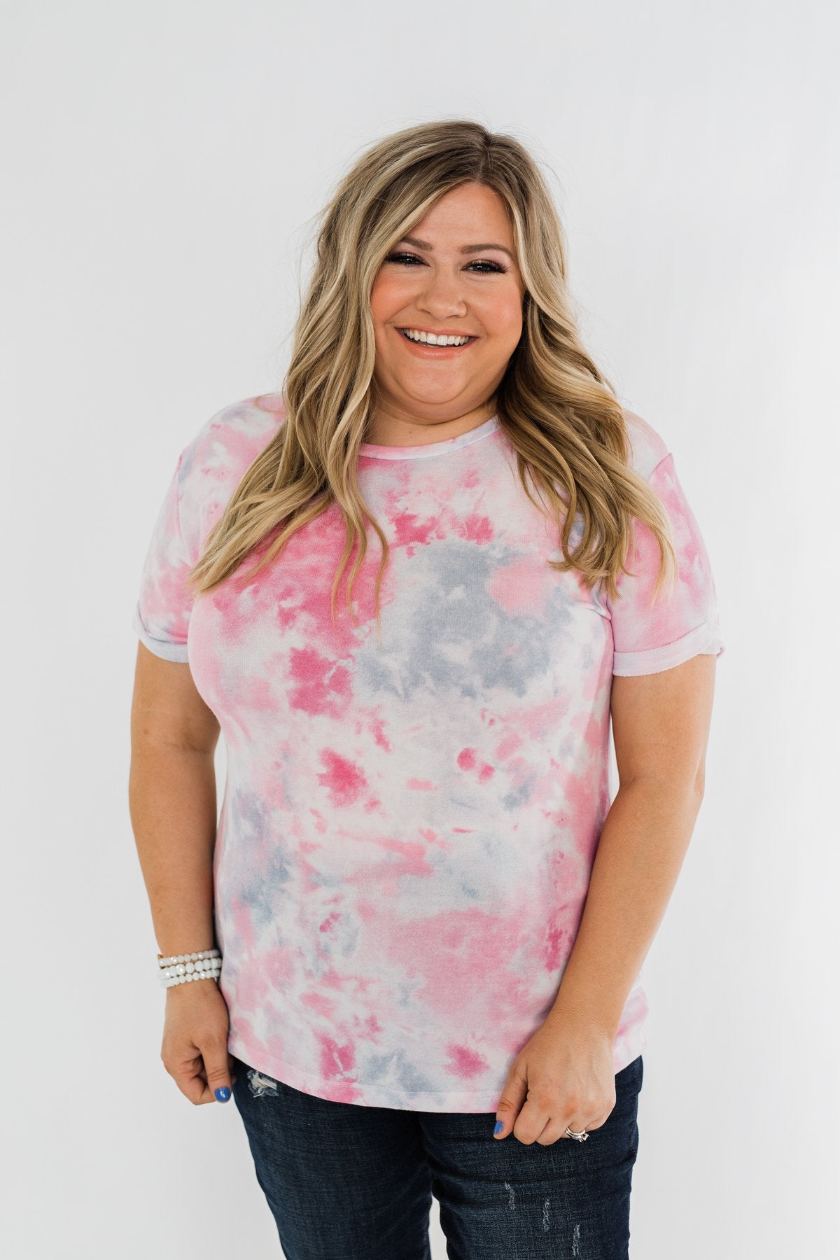 Cuffed Sleeve Tie Dye Top- Pink, White, & Grey