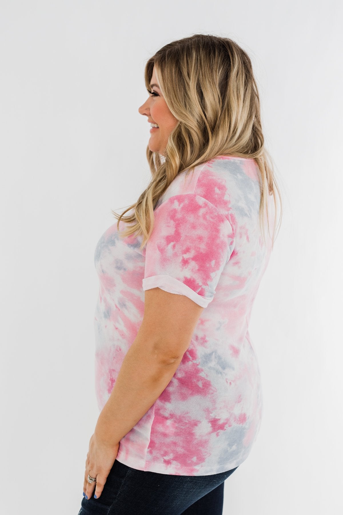 Cuffed Sleeve Tie Dye Top- Pink, White, & Grey