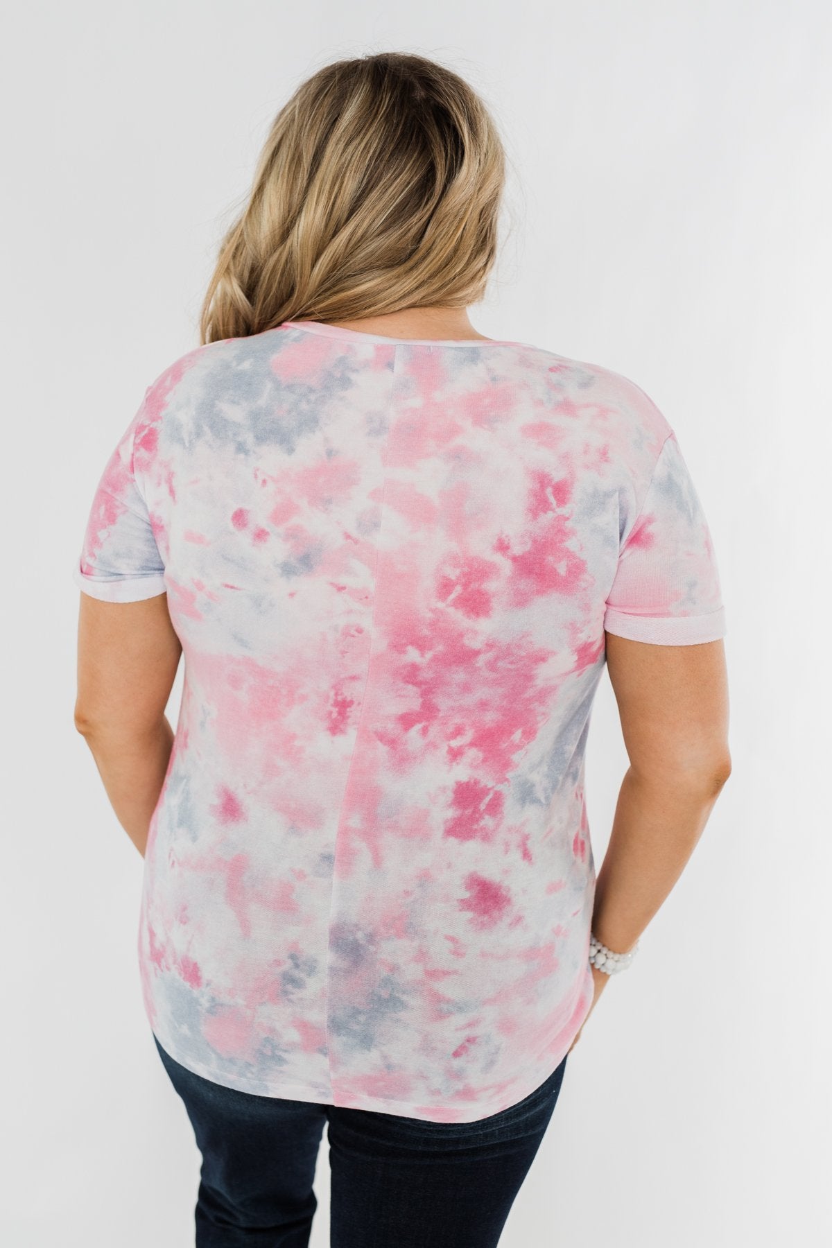 Cuffed Sleeve Tie Dye Top- Pink, White, & Grey