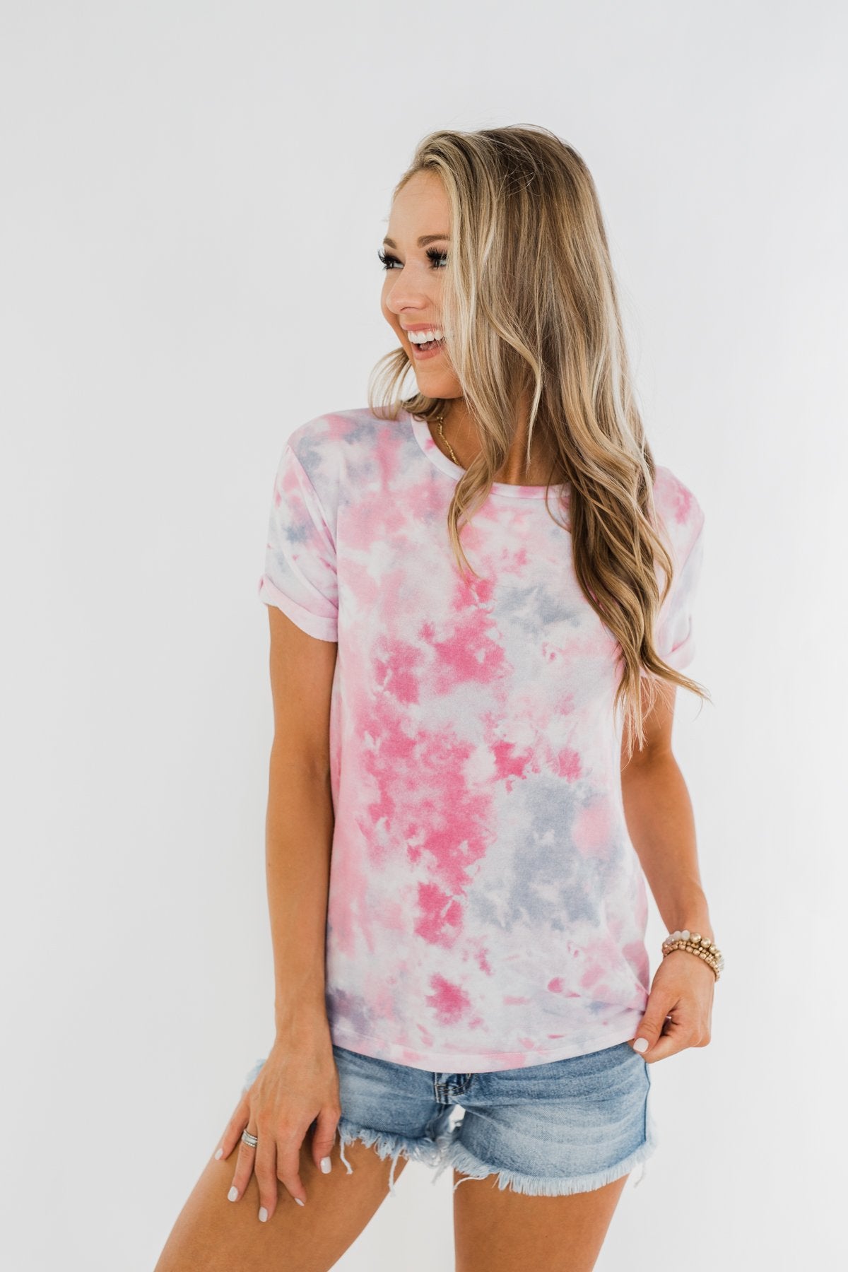 Cuffed Sleeve Tie Dye Top- Pink, White, & Grey