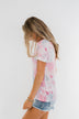Cuffed Sleeve Tie Dye Top- Pink, White, & Grey