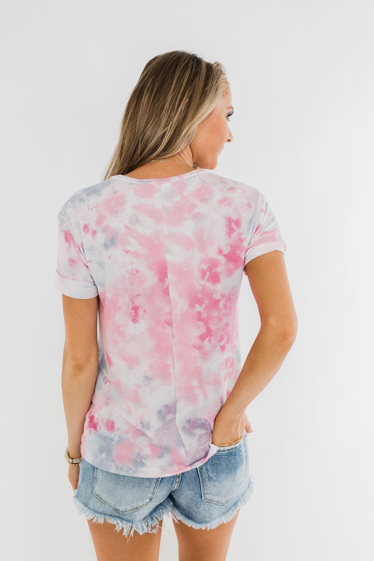 Cuffed Sleeve Tie Dye Top- Pink, White, & Grey