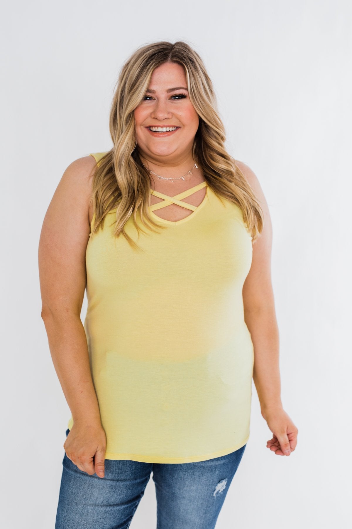 Places to Go Criss Cross Tank Top- Yellow