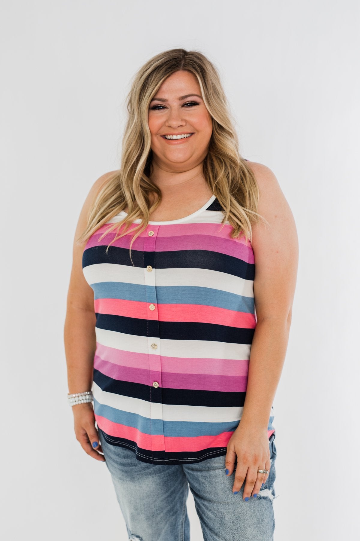 Cute & Colorful Striped Button Tank- Shades of Pink & Blue