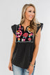 Floral Embroider & Polka Dot Top- Black