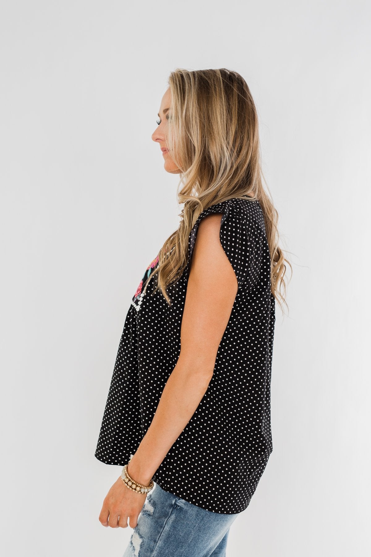 Floral Embroider & Polka Dot Top- Black