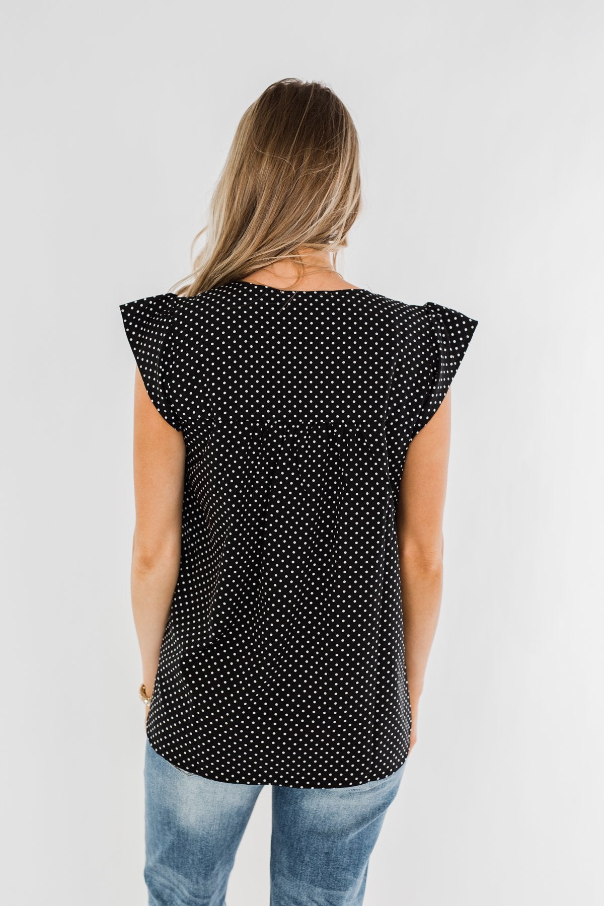 Floral Embroider & Polka Dot Top- Black