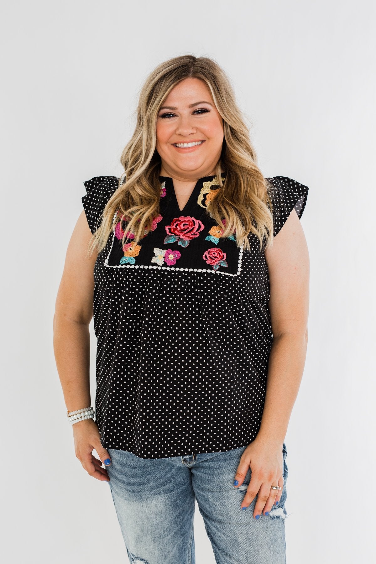 Floral Embroider & Polka Dot Top- Black